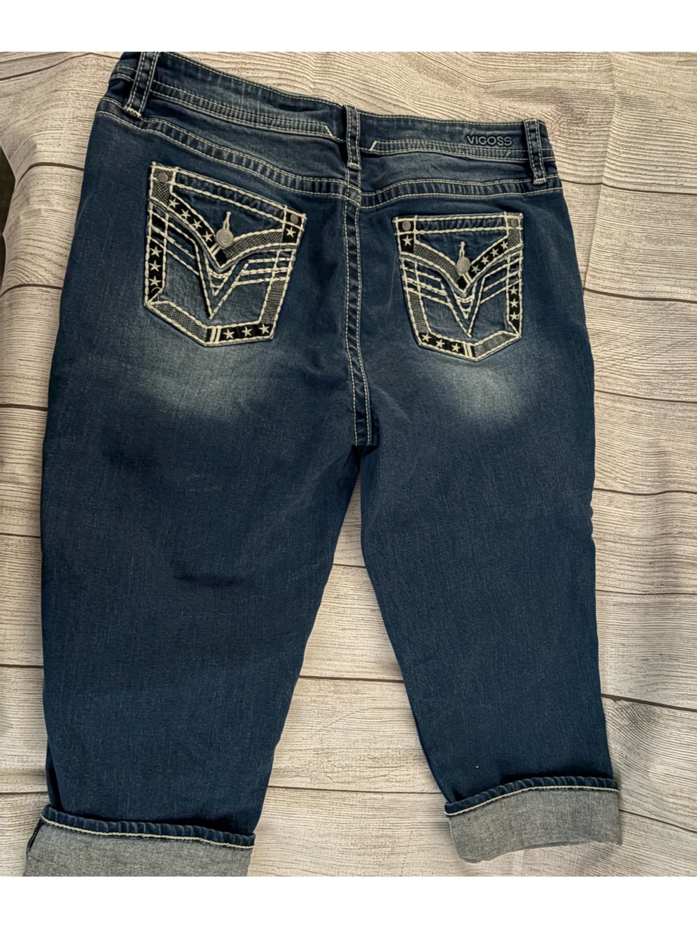 Vigoss Women's Dark Blue Cropped Boyfriend Jeans with Embroidered Back Pockets